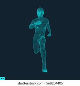 Running man. 3D human body model. Geometric design. Vector illustration. 