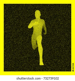 Running man. 3D Human Body Model. Black and yellow grainy design. Stippled vector illustration.