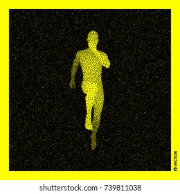 Running man. 3D Human Body Model. Black and yellow grainy design. Stippled vector illustration.