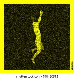 Running man. 3D Human Body Model. Black and yellow grainy design. Stippled vector illustration.