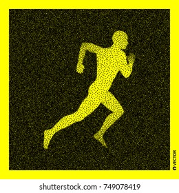 Running man. 3D Human Body Model. Black and yellow grainy design. Stippled vector illustration.