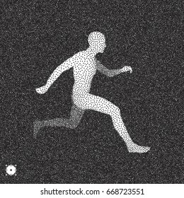 Running man. 3D model of man. Black and white grainy dotwork design. Stippled vector illustration.