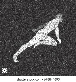 Running man. 3D model of man. Black and white grainy design. Stippling effect. Vector illustration. 