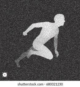 Running man. 3D model of man. Black and white grainy design. Stippling effect. Vector illustration. 