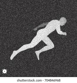 Running man. 3D model of man. Black and white grainy design. Stippling effect. Vector illustration.