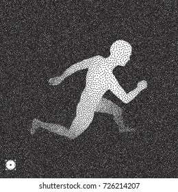 Running man. 3D model of man. Black and white grainy design. Stippling effect. Vector illustration.