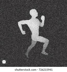 Running man. 3D model of man. Black and white grainy design. Stippling effect. Vector illustration.
