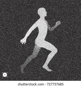 Running man. 3D model of man. Black and white grainy design. Stippling effect. Vector illustration.