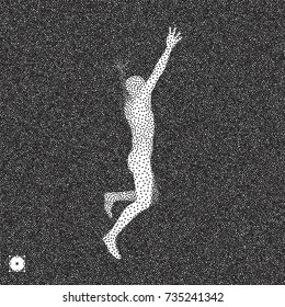 Running man. 3D model of man. Black and white grainy design. Stippling effect. Vector illustration.