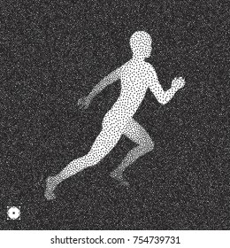 Running man. 3D model of man. Black and white grainy design. Stippling effect. Vector illustration.