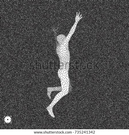 Running man. 3D model of man. Black and white grainy design. Stippling effect. Vector illustration.