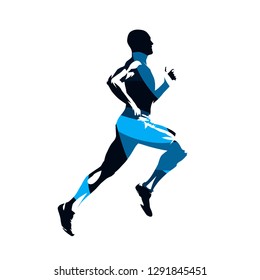 Running man, abstract blue isolated vector silhouette, side view. Run