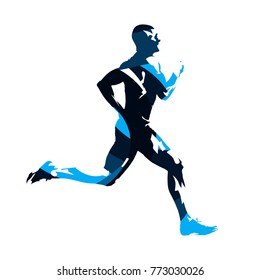 Running man, abstract blue vector silhouette. Run, side view