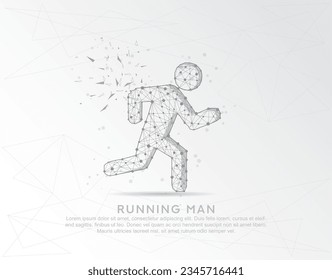 Running man abstract mash line and composition digitally drawn in the form of broken a part triangle shape and scattered dots low poly wire frame.