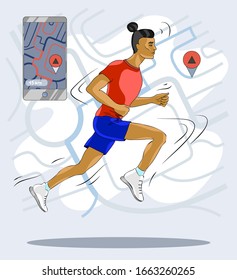 Running man against abstract map background, vector illustration