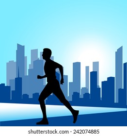 running man against the city. silhouette of the sprinter
