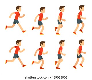 Running man animation sprite set. 8 frame loop. Flat cartoon style vector illustration.