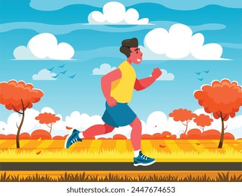 Running man. The athlete is jogging. Running sport concept. Rural landscape with field and grass in autumn. Orange area with blue sky and clouds. Rural road on the background of an field. Vector