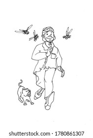 
running man from bees and dog

