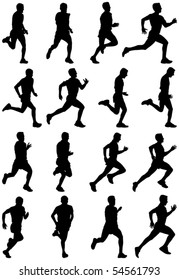 Running man black silhouettes, sixteen different postures