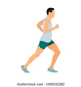 Running man in blue jersey profile, side view. Abstract vector illustration