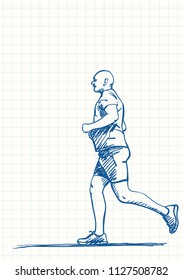 Running man, Blue pen sketch on square grid notebook page, Hand drawn vector illustration