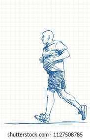 Running man, Blue pen sketch on square grid notebook page, Hand drawn vector illustration