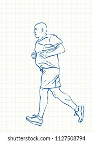 Running man, Blue pen sketch on square grid notebook page, Hand drawn vector linear illustration