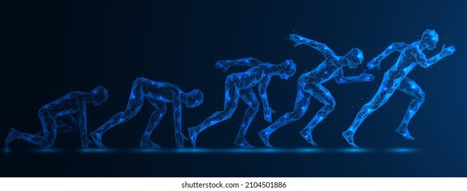 A running man. Body postures from start to run. Polygonal design of lines and dots. Blue background.