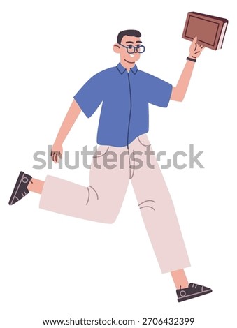 Running man with book. Student character hurry for exam