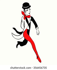 running man in a bowler hat on his head in red and black coat