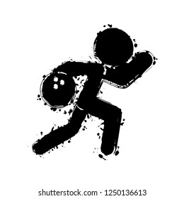 running man, bowling icon. Black ink with splashes on white background