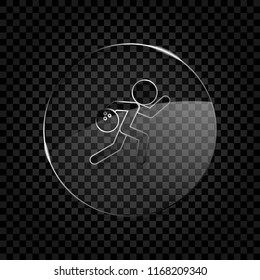 running man, bowling icon. Icon in circle glass bubble on dark transparent grid. Glass style