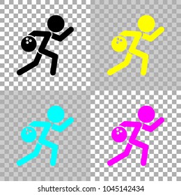 running man, bowling icon. Colored set of cmyk icons on transparent background
