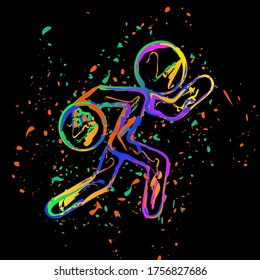 running man, bowling icon. Colored ink with splashes on black background