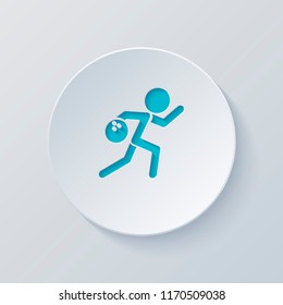 running man, bowling icon. Cut circle with gray and blue layers. Paper style