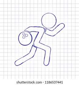 running man, bowling icon. Hand drawn picture on paper sheet. Blue ink, outline sketch style. Doodle on checkered background