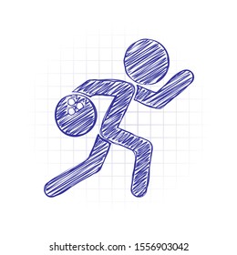 running man, bowling icon. Hand drawn sketched picture with scribble fill. Blue ink. Doodle on white background