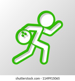 running man, bowling icon. Paper style. Cut symbol with green bold contour on shape and simple shadow
