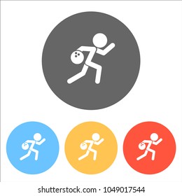 running man, bowling icon. Set of white icons on colored circles