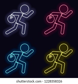 running man, bowling icon. Set of fashion neon sign. Casino style on dark background. Seamless pattern