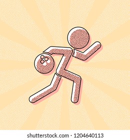 running man, bowling icon. Vintage retro typography with offset printing effect. Dots poster with comics pop art background