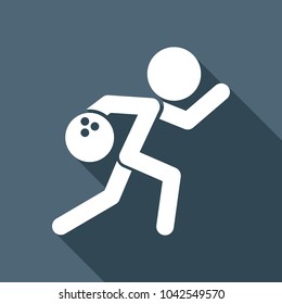 running man, bowling icon. White flat icon with long shadow on background