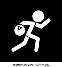 running man, bowling icon. White icon on black background. Inversion