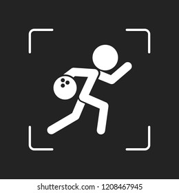 running man, bowling icon. White object in camera autofocus on dark background
