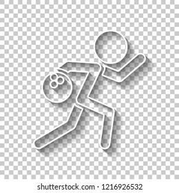 running man, bowling icon. White outline sign with shadow on transparent background