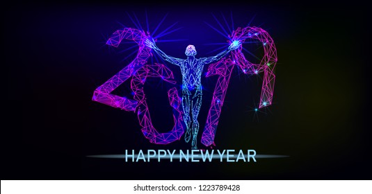 Running man breaks the inscription 2019. Minimal cover design. Low poly vector illustration template brochures, flyers, presentations, logo, print, leaflet, banners. Happy New Year