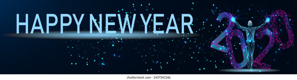 Running man breaks the inscription 2020. Vector drawn by color lines. Minimal cover design. Low poly vector illustration template, presentations, logo, print, leaflet, banners. Happy New Year