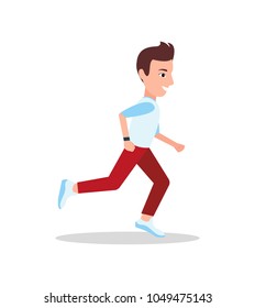 Running man with brown hair, colorful poster, red trousers, white with blue elements sneakers and t-shirts, vector illustration with bright backdrop