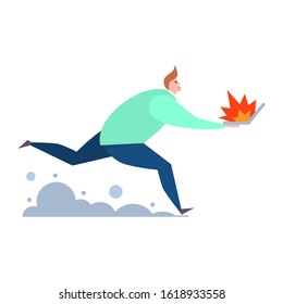 The running man with burning laptop